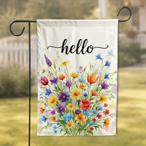 Handwritten Hello Script Wildflower Garden Blooms - Everyday Home Welcome Decor Garden Flag