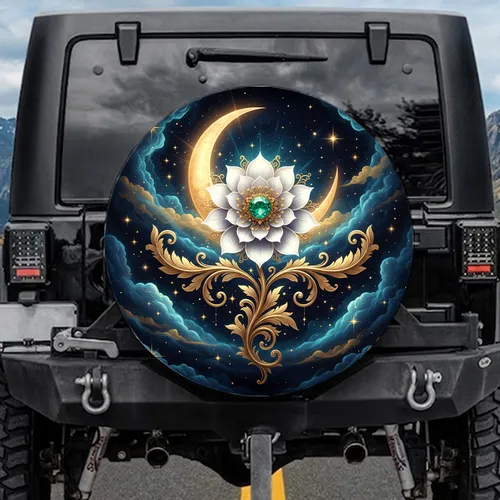 Emerald Gemstone Golden Moon Stars White Flower Home Decor Gift Spare Tire Cover