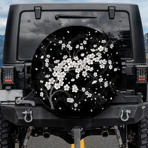 Cherry Blossom Blooms Black Background – Travel Essentials Car Decor Spare Tire Cover