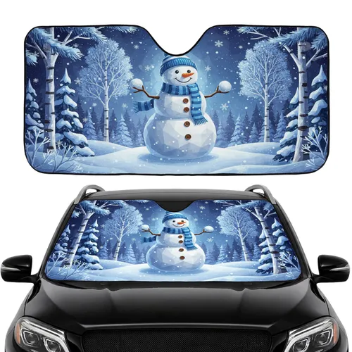 Smiling Snowman Snowy Forest Stars Night Sky - Car Interior Upgrade Road Trip Gift Car Sunshade