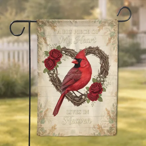 Cardinal Floral Heart Wreath - My Heart Lives In Heaven Memorial Gift Garden Flag