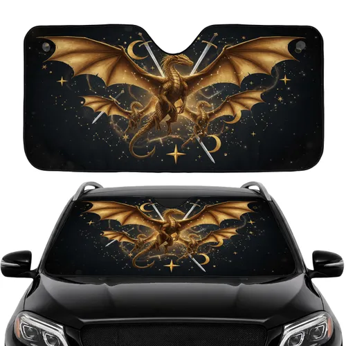 Golden Dragon Midnight Sky with Swords and Moons - Car Interior Upgrade for Dragon Lover Car Sunshade