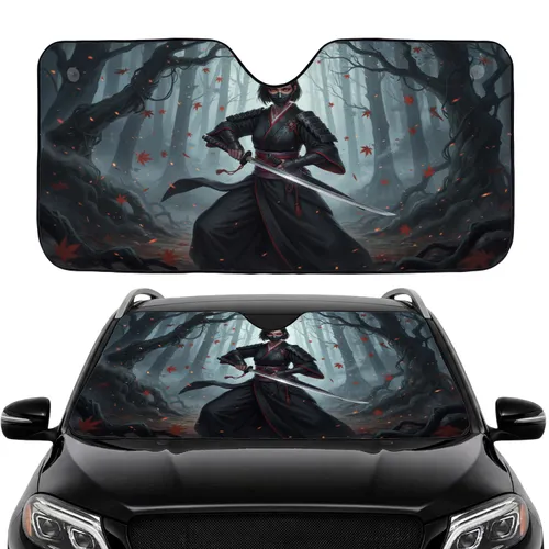 Red Eyed Masked Female Samurai Warrior Mystical Forest - Car Interior Upgrade Car Sunshade