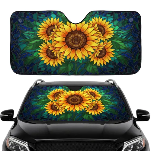 Radiant Golden Sunflowers Stained Glass Luminous Organic Flowing Car Interior Upgrade Car Sunshade