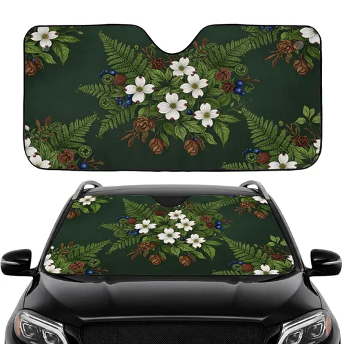 Lush Botanical Fern White Flowers Pinecones - Car Interior Upgrade Car Sunshade