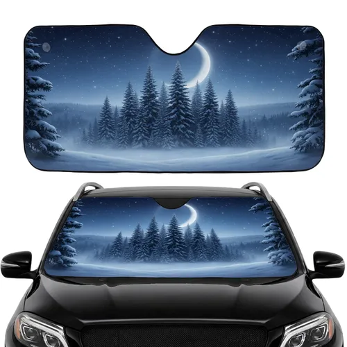 Crescent Moon Snowy Pine Forest Celestial Night - Car Interior Upgrade Car Sunshade
