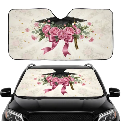 Graduation Cap Pink Roses Academic Celebration - Graduation Gift Car Interior Upgrade Car Sunshade