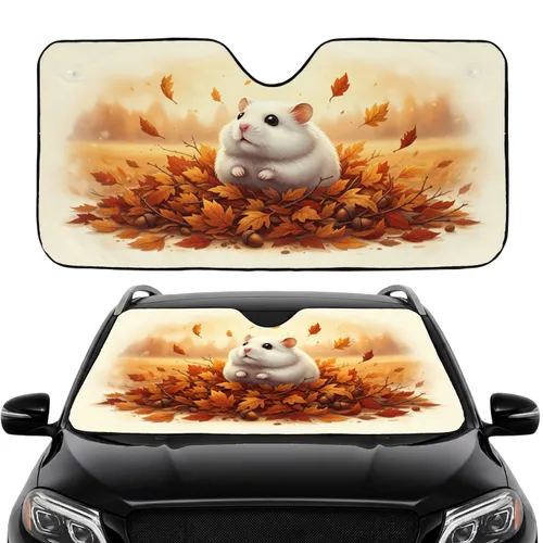 Fluffy White Hamster Nestled Autumn Leaves Golden Fall Field Landscape Auto Accessory Car Sunshade