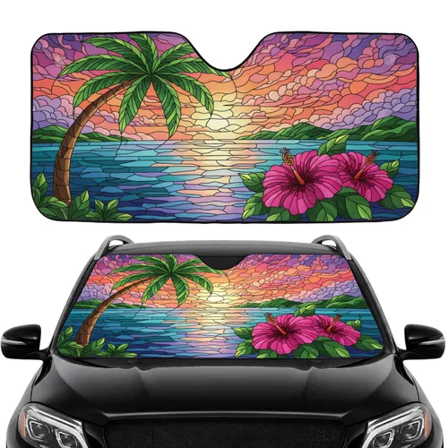 Tropical Sunset Ocean Palm Tree Hibiscus Stained Glass Sky - Car Interior Upgrade Car Sunshade