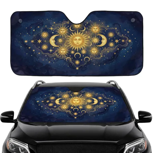 Ornate Golden Suns Crescent Moons Celestial Galaxy - Car Interior Upgrade Car Sunshade