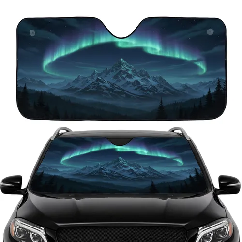 Aurora Borealis Mountain Range Stars - Road Trip Travel Accessory for Nature Lover Car Sunshade