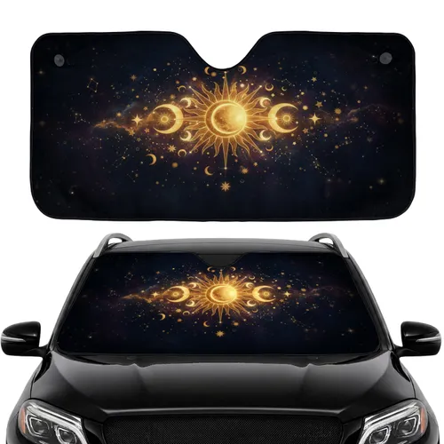 Golden Suns Crescent Moons Shimmering Stars Cosmic Expanse - Road Trip Accessory Car Sunshade