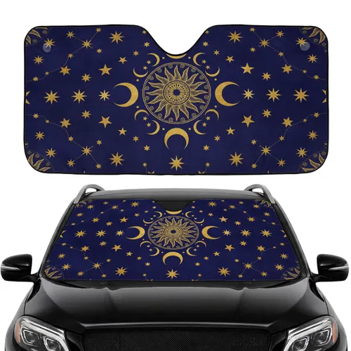 Golden Suns Radiant Rays Crescent Moons Sparkling Stars Indigo Night Car Interior Upgrade Car Sunshade