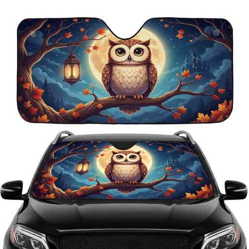 Brown Owl Glowing Full Moon Autumn Leaves Castle - Car Interior Upgrade Car Sunshade