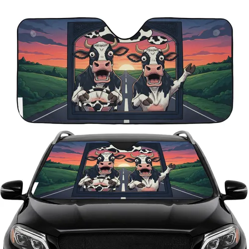 Shocked Wide-Eyed Holstein Cows Driving Car - Road Trip Gift for Cow Lover Car Sunshade