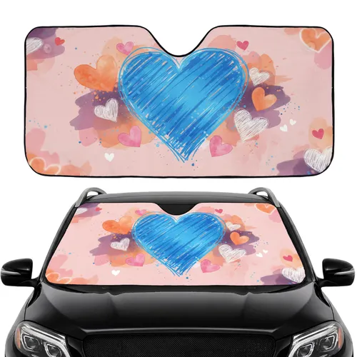 Scribbled Blue Heart Orange Pink Outlined Hearts Paint Splatters - Car Interior Upgrade Car Sunshade