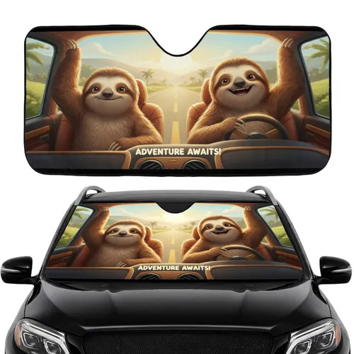 Joyful Sloths Driving Golden Hour Landscape Road Trip Car Interior Upgrade Car Sunshade