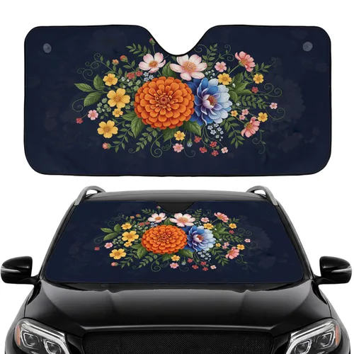 Ruffled Orange Zinnia Pink Blue Flowers Botanical Garden - Car Interior Upgrade Car Sunshade