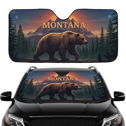 Montana Grizzly Bear Mountain Sunset Pine Forest - Car Interior Upgrade Gift for Montana Lover Car Sunshade