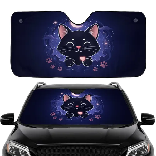 Black Cat Pink Heart Crescent Moon Stars Car Interior Upgrade for Cat Lovers Car Sunshade