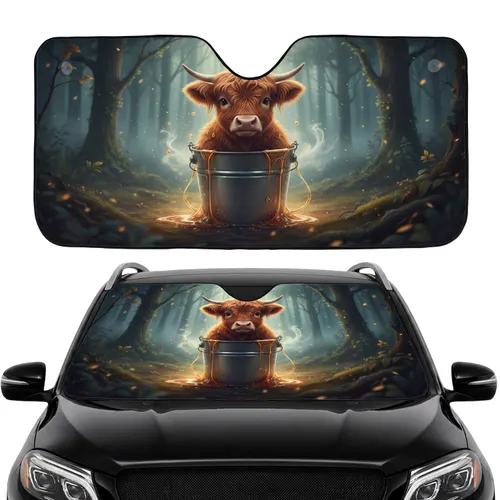 Highland Cow Calf Silver Bucket Forest - Road Trip Gift for Wildlife Lovers Car Sunshade