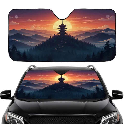 Japanese Pagoda Forest Mountain Twilight Sunset Landscape - Car Interior Upgrade Car Sunshade