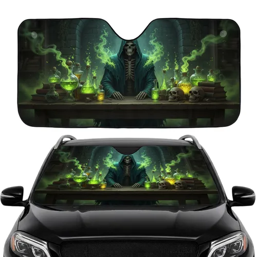 Skeletal Alchemist Glowing Potions Human Skulls Laboratory Car Interior Upgrade Car Sunshade
