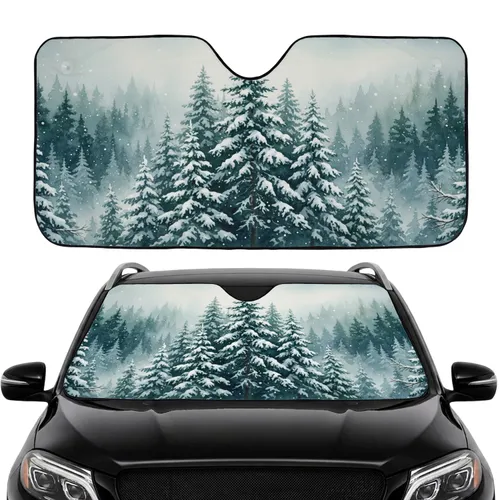 Frosted Evergreen Pine Forest Winter Scene - Road Trip Travel Essential Car Sunshade