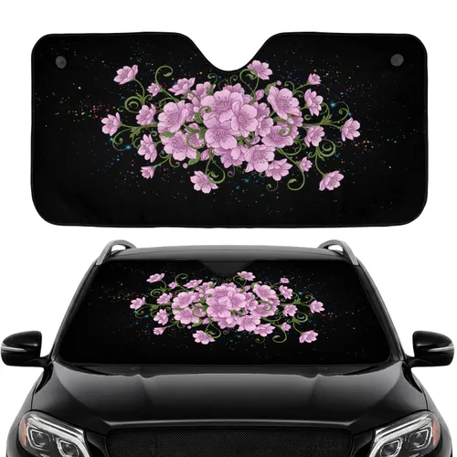 Pink Blooming Flowers Leafy Vines Cosmic Sparkles Glow - Road Trip Commute Accessory Car Sunshade
