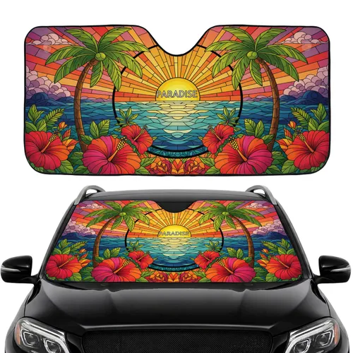 Tropical Sunset Ocean Waves Palm Trees Sandy Shoreline Hibiscus - Car Interior Upgrade Car Sunshade