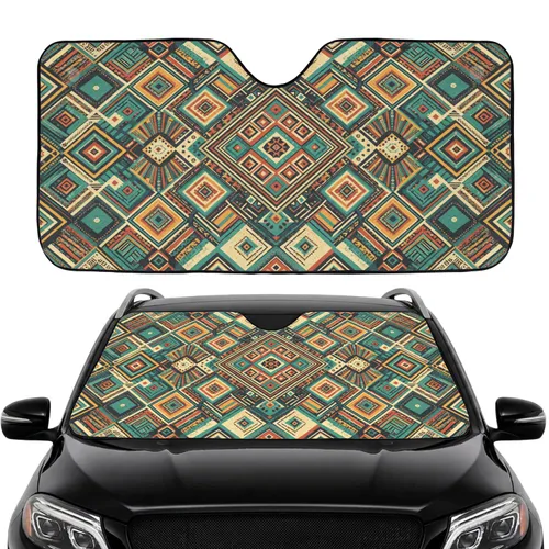 Aztec Rhombus Square Nested Diamonds Triangles Dotted Lines - Car Interior Upgrade Car Sunshade