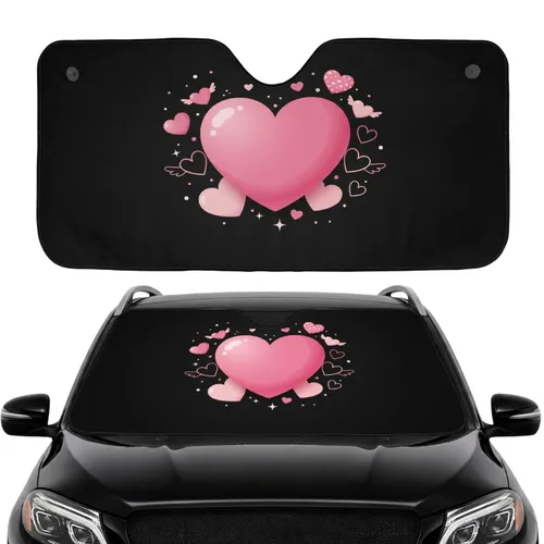 Plump Pink Heart Winged Sparkling Accents Cosmic Black - Car Interior Upgrade Car Sunshade