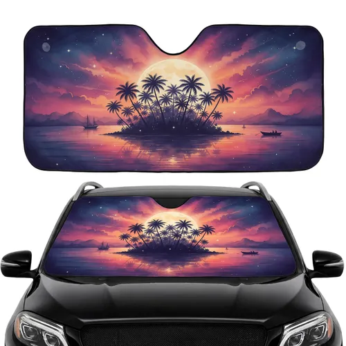 Glowing Full Moon Tropical Coast Sailing Boat - Travel Essentials Car Sunshade