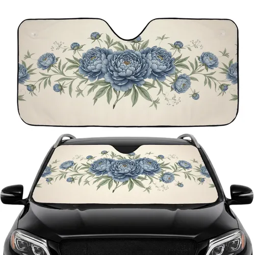 Lush Blue Peonies Botanical Foliage Vines - Commute Accessory Car Sunshade