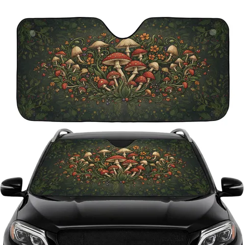 Amanita Muscaria Forest Mushrooms Wildflowers Misty Undergrowth - Car Interior Upgrade Car Sunshade