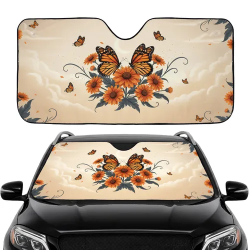Monarch Butterflies Orange Daisy Flowers Crescent Moon - Road Trip Accessory Butterfly Lover Gift Car Sunshade