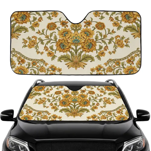 Multi-Petaled Flowers Olive Green Leaves Scrollwork Road Trip Gift Car Sunshade