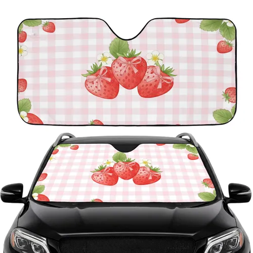 Red Strawberries Pink Bows Blossom Gingham - Car Interior Upgrade Car Sunshade