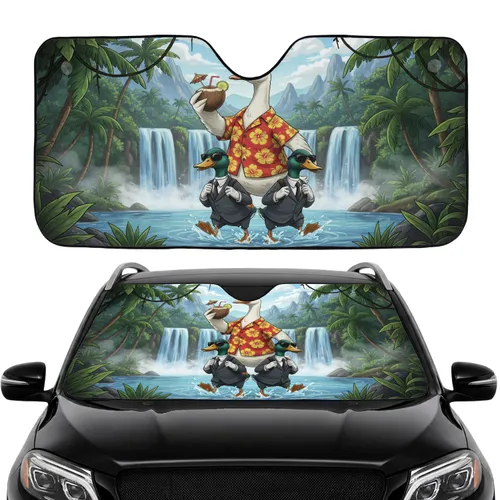 Goose in Hawaiian Shirt Ducks Cocktail Tropical Waterfall Road Trip Gift Car Sunshade