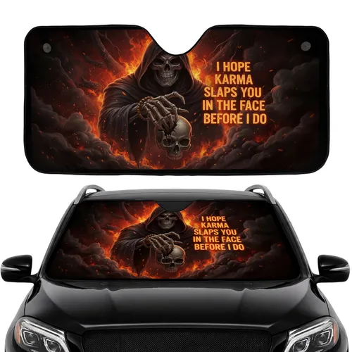 Menacing Skeletal Grim Reaper Fiery Skull Inferno Karma Message - Car Interior Upgrade Car Sunshade