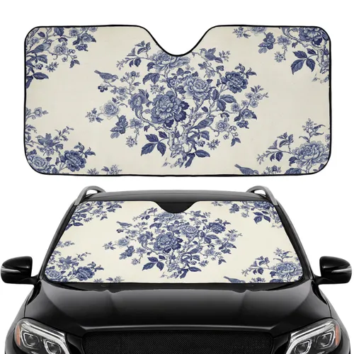 Blue Chinoiserie Toile Botanical Birds Peonies Roses - Car Interior Upgrade Car Sunshade