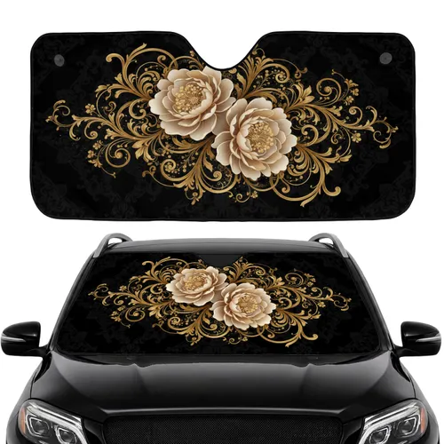 Cream Fantasy Flowers Gold Stamens Vines Baroque Damask - Car Interior Upgrade Car Sunshade