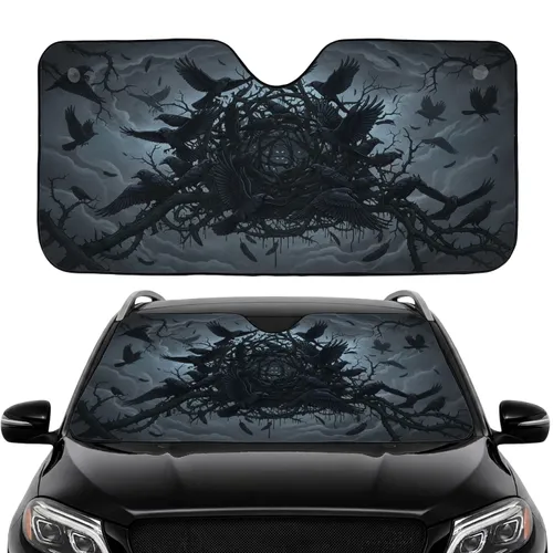 Swirling Mist Glowing Eyes Flock of Black Crows Thorny Branches - Car Road Trip Travel Accessory Car Sunshade