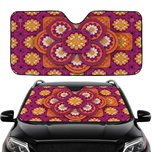 Crocheted Yarn Texture Granny Squares Floral Textile Field - Car Interior Upgrade Car Sunshade