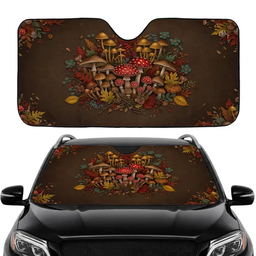 Forest Mushrooms Amanita Fungi Autumn Leaves Wildflowers Car Interior Upgrade Road Trip Essentials Car Sunshade