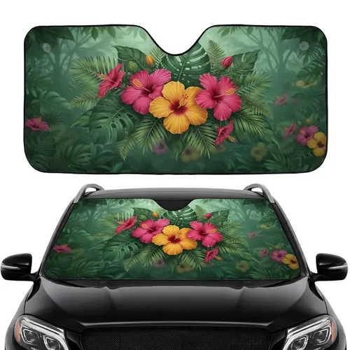 Prominent Hibiscus Flowers Tropical Leaves Verdant Jungle Car Interior Upgrade Car Sunshade