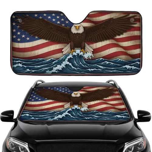 Bald Eagle American Flag Ocean Waves - Car Interior Accessory for Veterans Car Sunshade