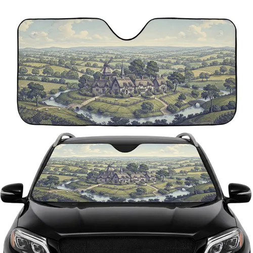 Pastoral Village Rolling Hills Countryside Landscape - Road Trip Gift Car Sunshade