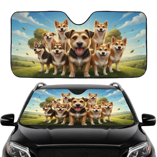 Lively Mixed Breed Dogs Group with Joyful Expressions - Travel Essentials for Dog Owners Car Sunshade