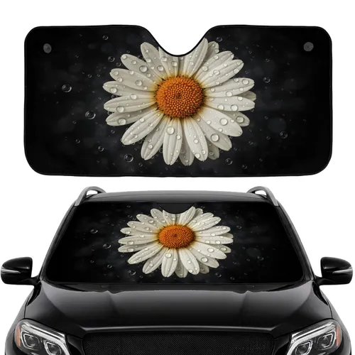Glistening Creamy White Daisy Flower Water Droplets Car Interior Upgrade Car Sunshade